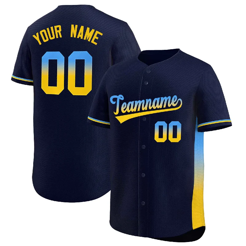 Baseball Jerseys with Heat-Transfer Numbers for Modern Appeal-Custom Navy Powder Blue-Gold Personalized Gradient Font And Side Design Authentic Baseball Jersey