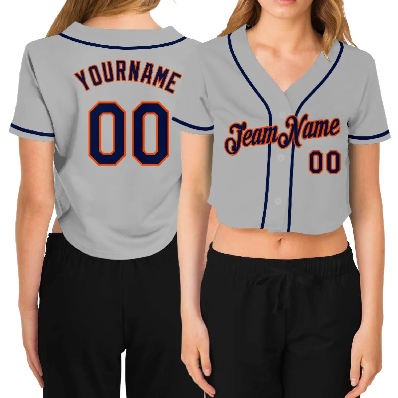 Baseball Jerseys with Modern Cut for Comfortable Fit-Custom Women's Gray Navy-Orange V-Neck Cropped Baseball Jersey