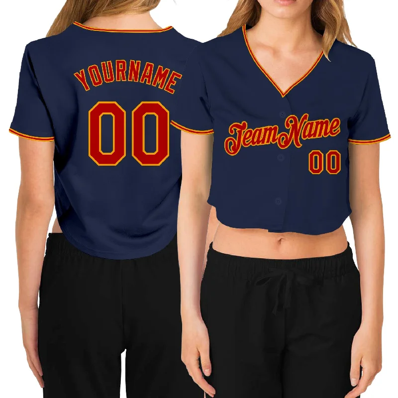 Baseball Jerseys with Soft Fabric for a Casual Look-Custom Women's Navy Red-Gold V-Neck Cropped Baseball Jersey