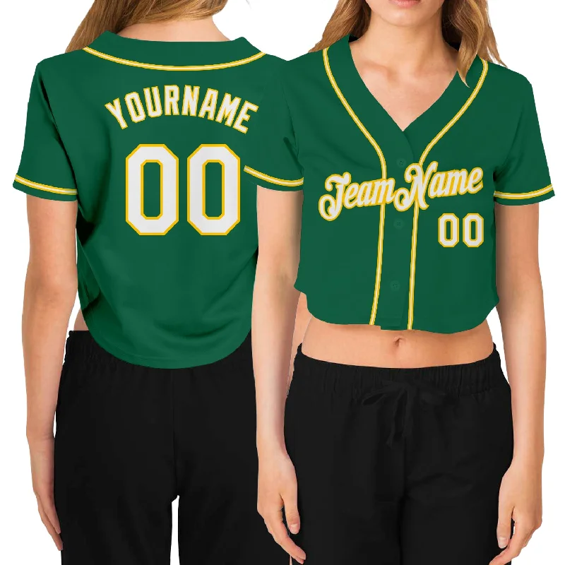 Baseball Jerseys with Lightweight Design for Freedom of Movement-Custom Women's Kelly Green White-Gold V-Neck Cropped Baseball Jersey