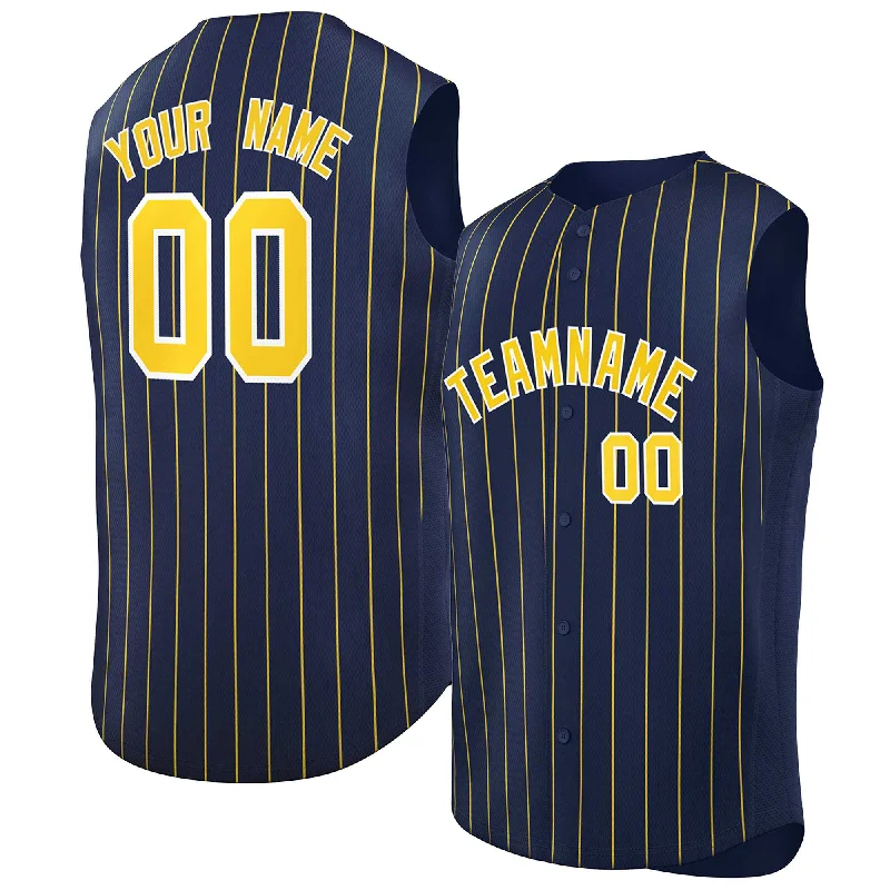 Baseball Jerseys with Extra Breathability for Hot Weather Play-Custom Navy Gold-White Sleeveless Stripe Fashion Baseball Jersey