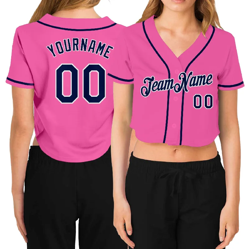 Baseball Jerseys with Elastic Waistband for Secure Fit-Custom Women's Pink Navy-White V-Neck Cropped Baseball Jersey