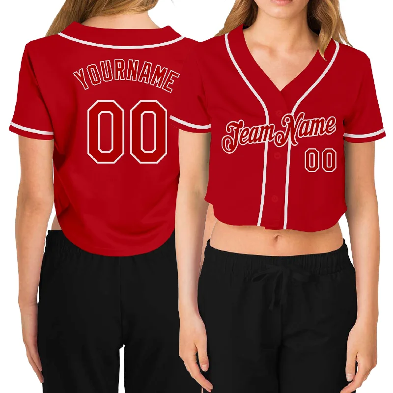 Baseball Jerseys with Custom Colors for Team Branding-Custom Women's Red Red-White V-Neck Cropped Baseball Jersey