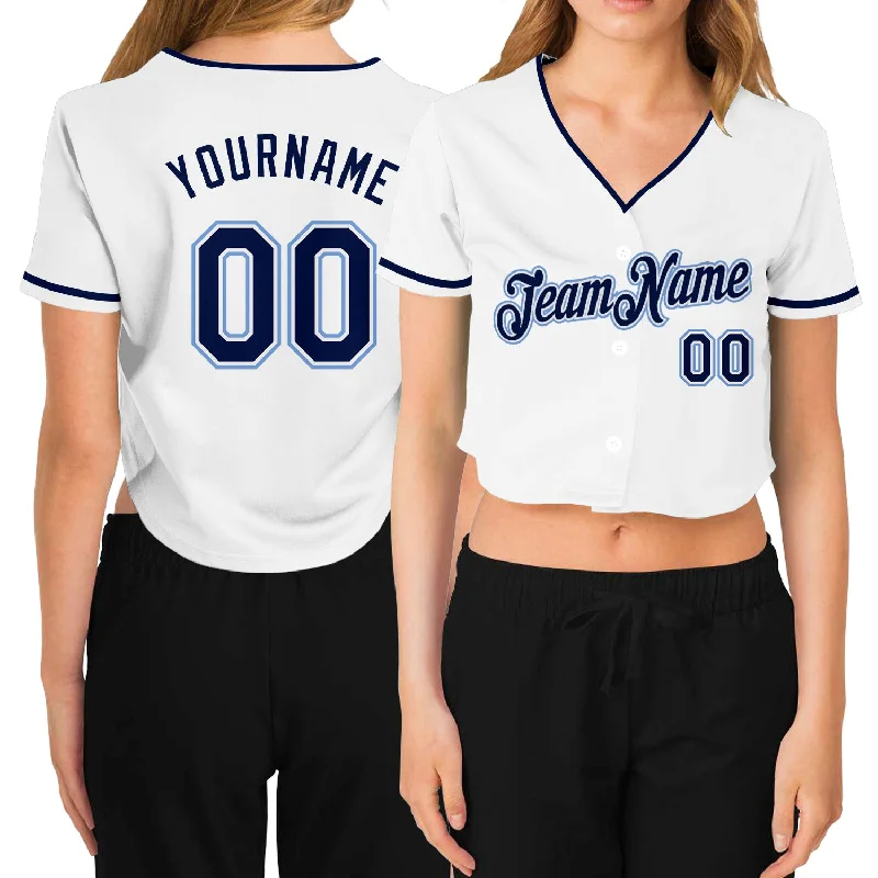 Baseball Jerseys with Piping for Traditional Style-Custom Women's White Navy-Light Blue V-Neck Cropped Baseball Jersey