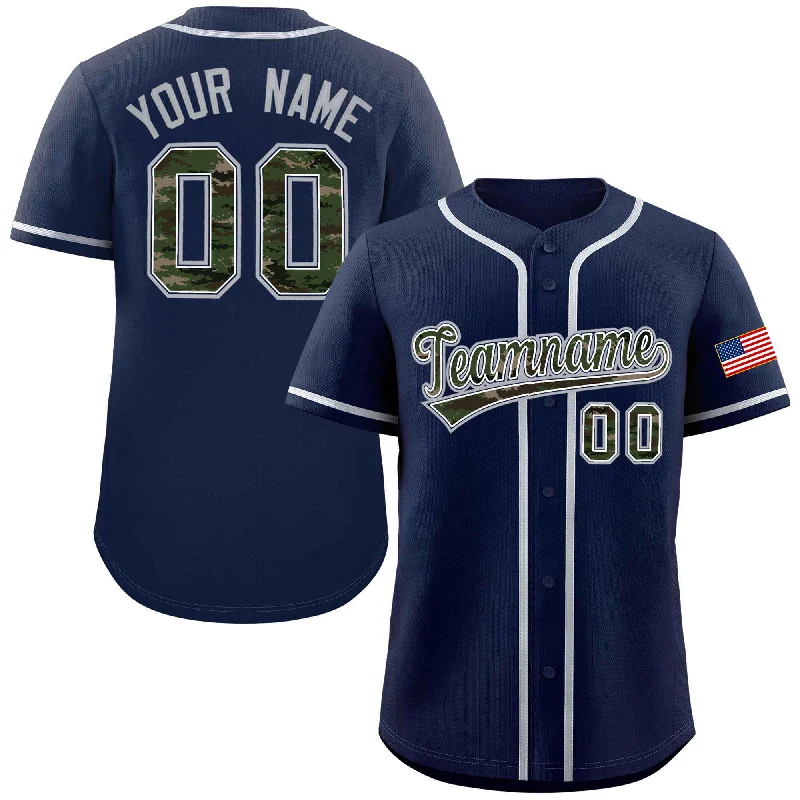 Baseball Jerseys with Reinforced Elbows for Extra Durability-Custom Navy Personalized Camo Font Authentic Baseball Jersey