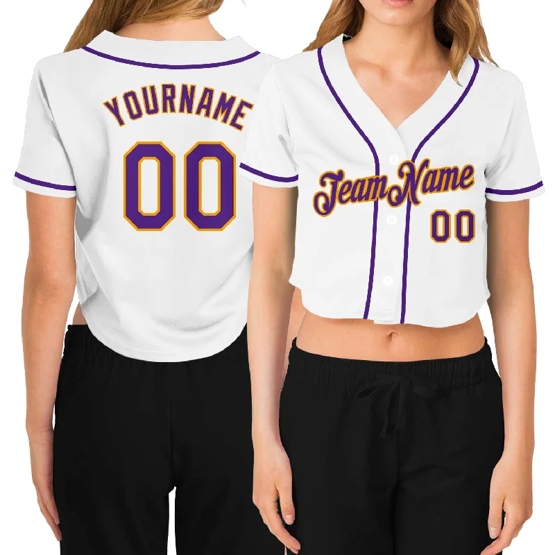 Custom Baseball Jerseys with Team Colors and Branding-Custom Women's White Purple-Gold V-Neck Cropped Baseball Jersey