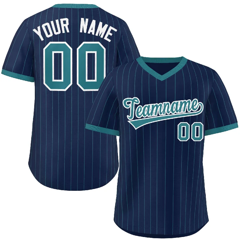 Baseball Jerseys with T-Shirt Style for Casual Look-Custom Navy Aqua Stripe Fashion Authentic Pullover Baseball Jersey