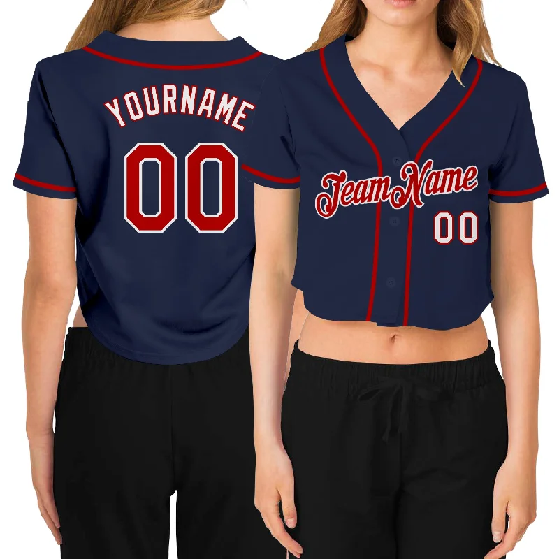 Baseball Jerseys with Soft Touch Fabric for All-Day Comfort-Custom Women's Navy Red-White V-Neck Cropped Baseball Jersey