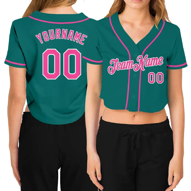 Baseball Jerseys with Elastic Cuffs for Snug Fit-Custom Women's Aqua Pink-White V-Neck Cropped Baseball Jersey