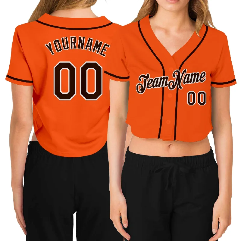 Baseball Jerseys with Embroidered Logos for Premium Look-Custom Women's Orange Brown-White V-Neck Cropped Baseball Jersey