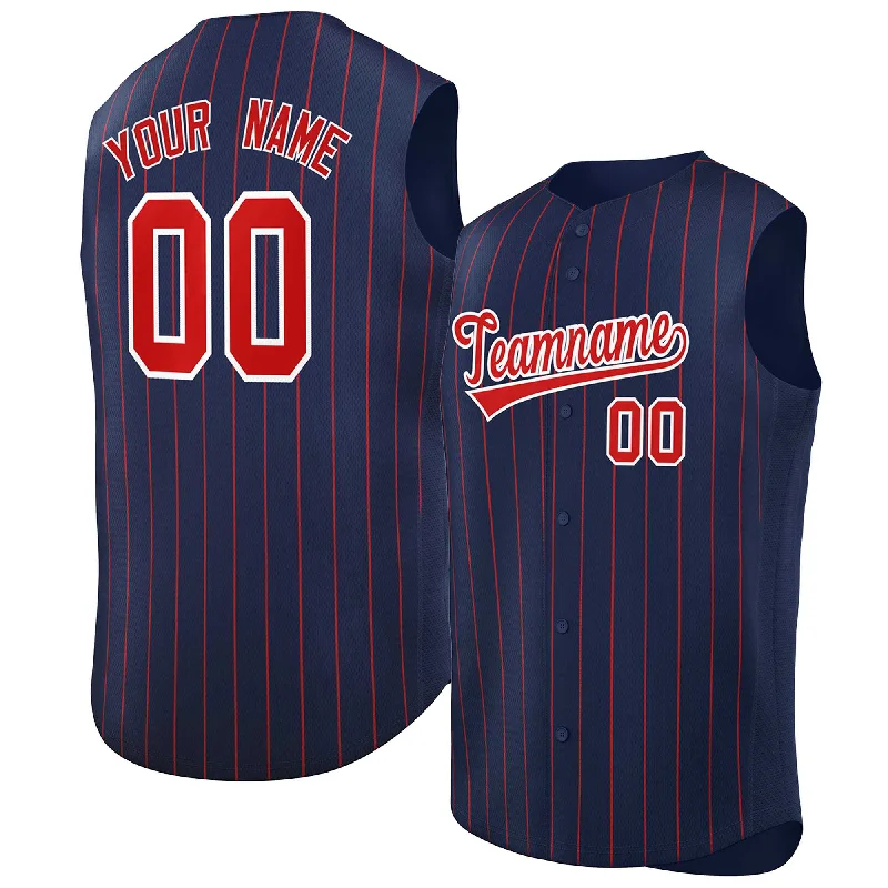 Baseball Jerseys with Sleeveless Design for Warm Weather-Custom Navy Red-White Sleeveless Stripe Fashion Baseball Jersey