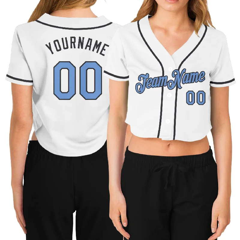 Baseball Jerseys with Piping for Traditional Style-Custom Women's White Light Blue-Steel Gray V-Neck Cropped Baseball Jersey