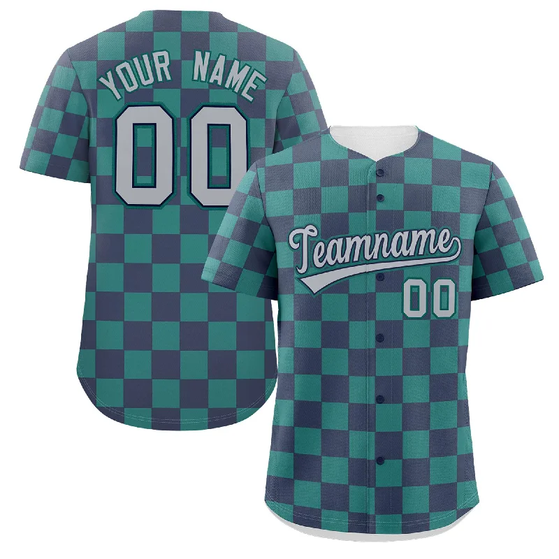 Baseball Jerseys with Padded Shoulders for Extra Protection-Custom Navy Aqua Square Grid Color Block Design Authentic Baseball Jersey