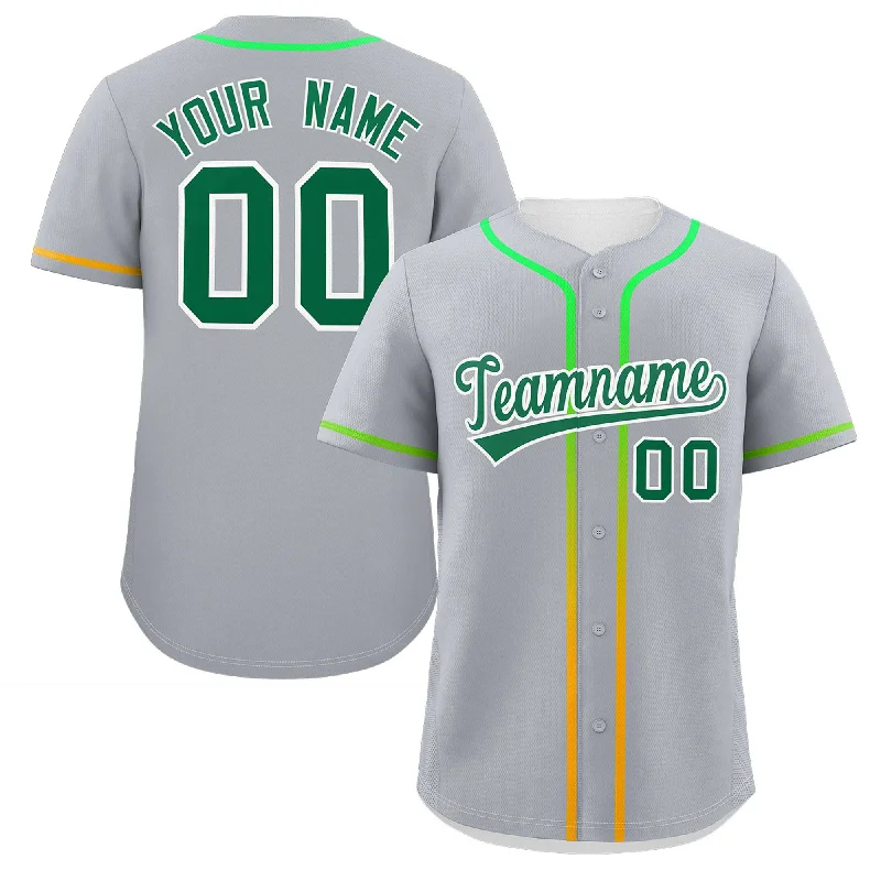 Custom Baseball Jerseys with Team Colors and Branding-Custom Light Gray Kelly Green Personalized Gradient Ribbed Design Authentic Baseball Jersey