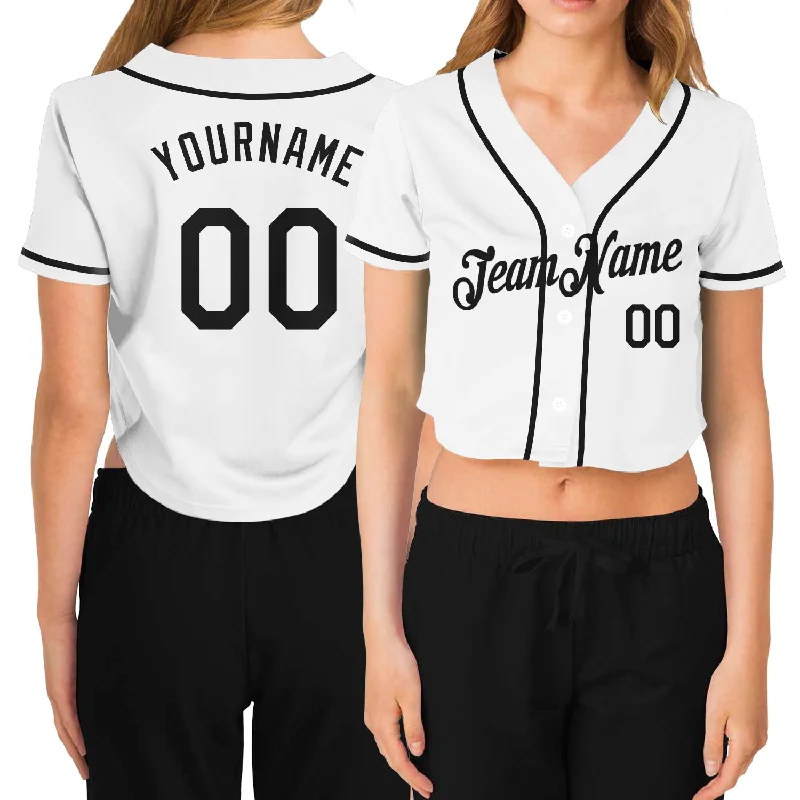 Baseball Jerseys with Tapered Cut for Modern Appeal-Custom Women's White Black V-Neck Cropped Baseball Jersey