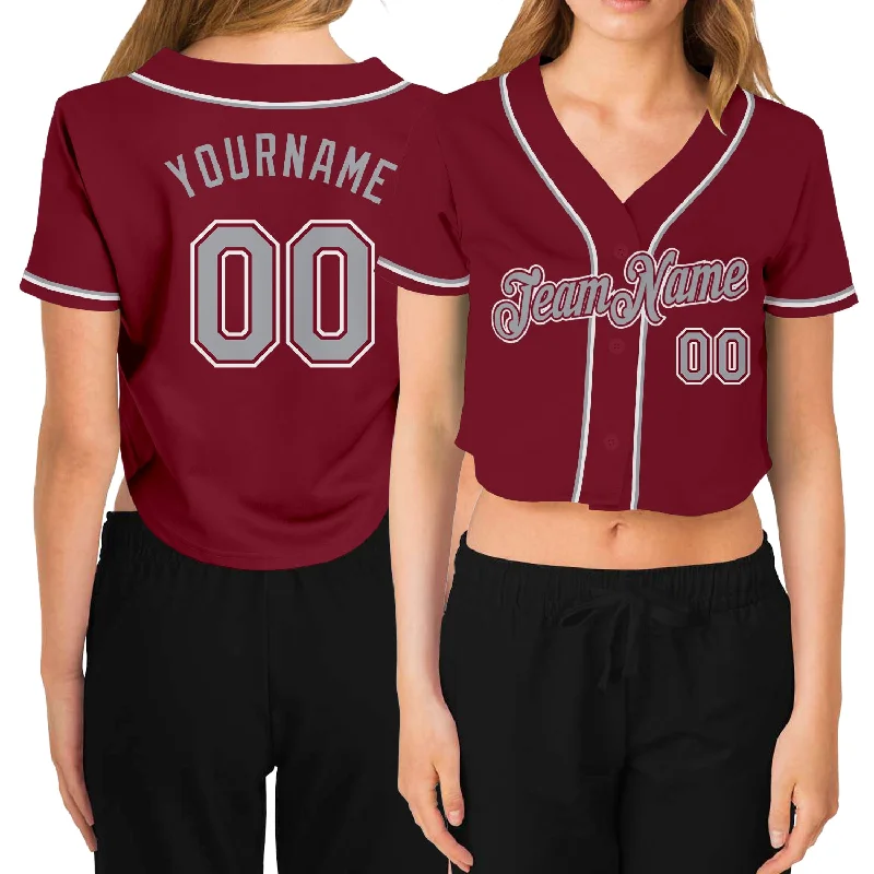 Baseball Jerseys with Elastic Waistband for Secure Fit-Custom Women's Crimson Gray-White V-Neck Cropped Baseball Jersey