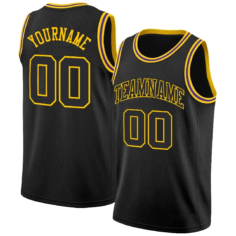 Basketball Jerseys with Stretch Fabric for Flexibility-Custom Black Black-Gold Round Neck Rib-Knit Basketball Jersey