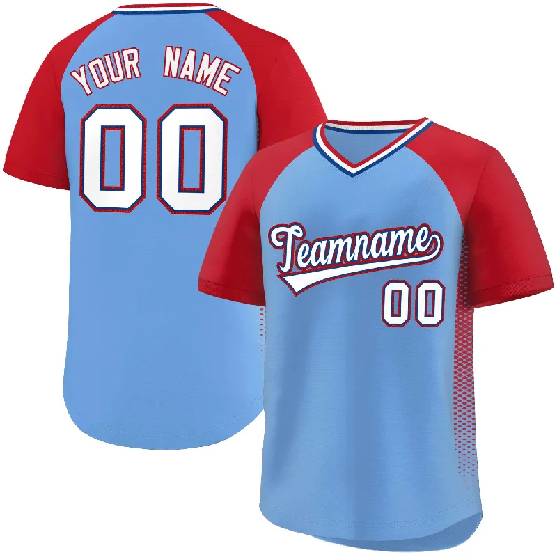 Baseball Jerseys with Comfortable, Moisture-Wicking Lining-Custom Light Blue Red Raglan Sleeves Side Spot Authentic Pullover Baseball Jersey