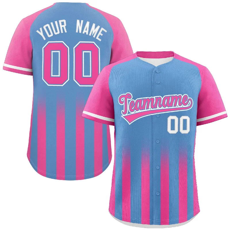 Baseball Jerseys with Soft Touch Fabric for All-Day Comfort-Custom Light Blue Pink Raglan Sleeves Gradient Thick Stripe Authentic Baseball Jersey