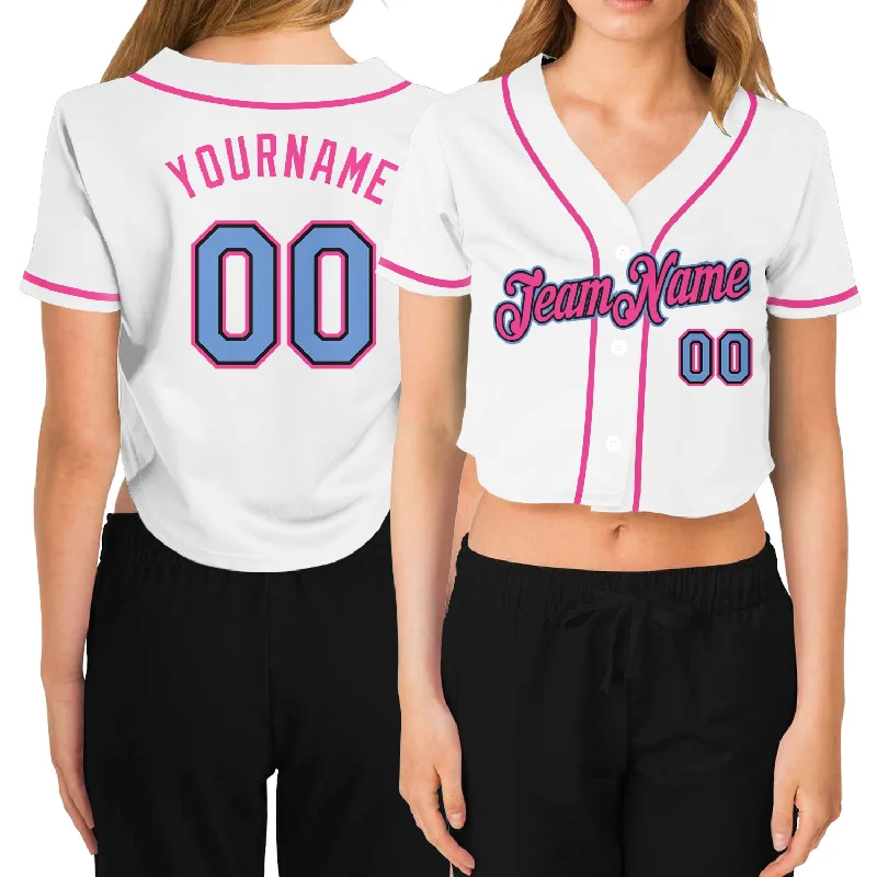 Baseball Jerseys with Color Blocking for Team Identity-Custom Women's White Light Blue Black-Pink V-Neck Cropped Baseball Jersey