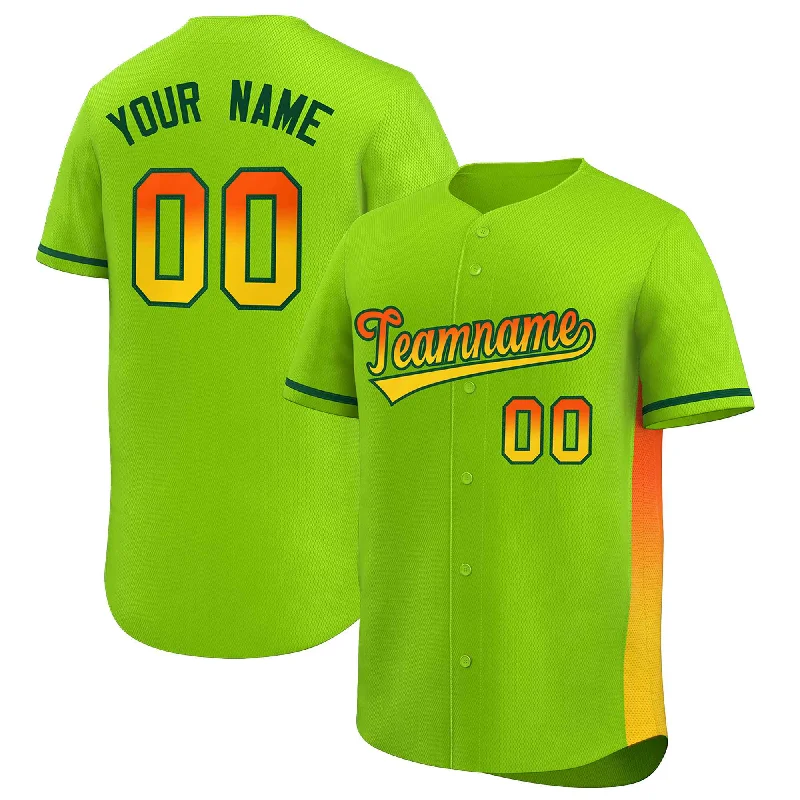 Baseball Jerseys with Minimalist Style for Sleek Appearance-Custom Neon Green Orange-Gold Personalized Gradient Font And Side Design Authentic Baseball Jersey