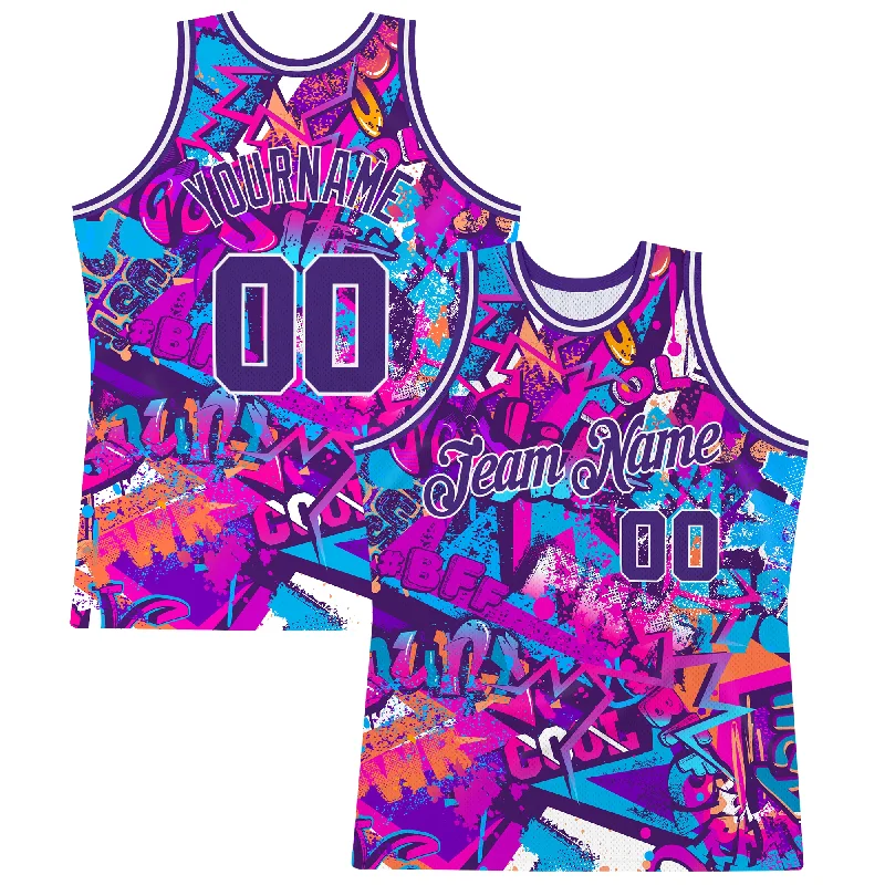 Lightweight Basketball Jerseys for Comfort and Speed-Custom Graffiti Pattern Purple-White 3D Words Authentic Basketball Jersey