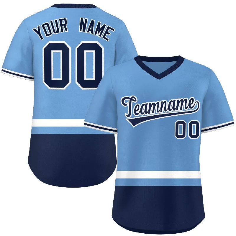 Lightweight Baseball Jerseys for Comfort and Speed-Custom Light Blue White-Navy Color Block Personalized V-Neck Authentic Pullover Baseball Jersey