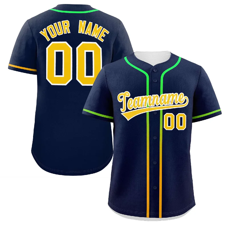 Baseball Jerseys with Tapered Sleeves for Stylish Fit-Custom Navy Gold Personalized Gradient Ribbed Design Authentic Baseball Jersey