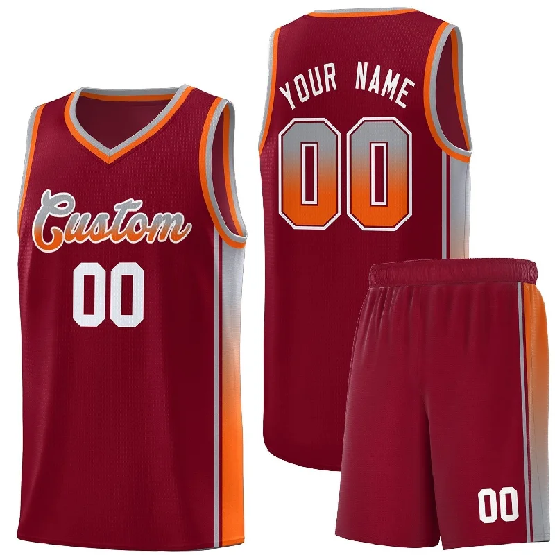 Basketball Jerseys with Zippered Neck for Versatility-Custom Crimson Gray-Orange Gradient Fashion Sports Uniform Basketball Jersey