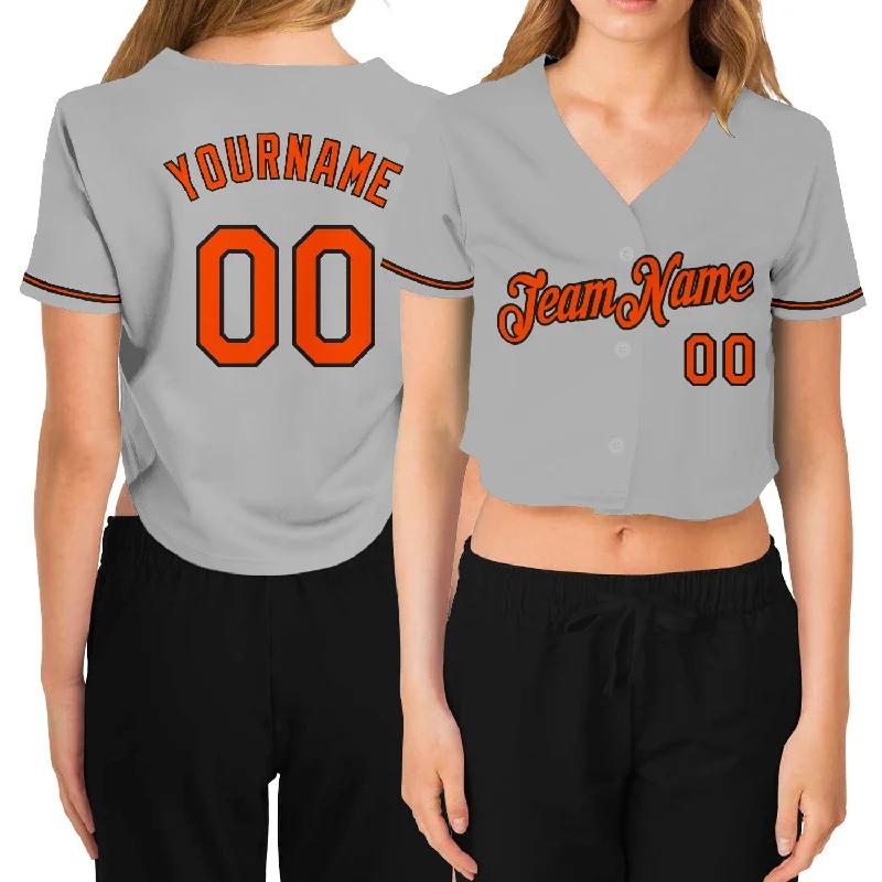 Baseball Jerseys with Double-Stitched Seams for Durability-Custom Women's Gray Orange-Black V-Neck Cropped Baseball Jersey