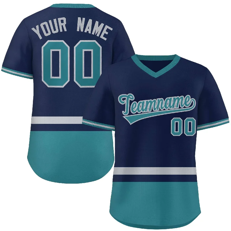 Baseball Jerseys with Zip-Up Design for Easy Wear-Custom Navy Gray-Aqua Color Block Personalized V-Neck Authentic Pullover Baseball Jersey