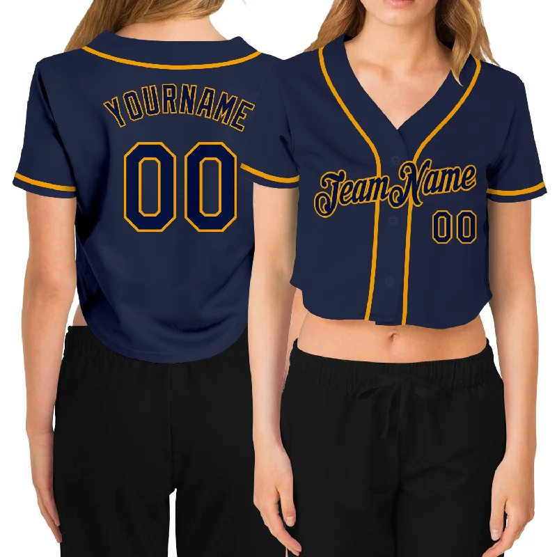 Baseball Jerseys for Kids with Adjustable Fit-Custom Women's Navy Navy-Gold V-Neck Cropped Baseball Jersey