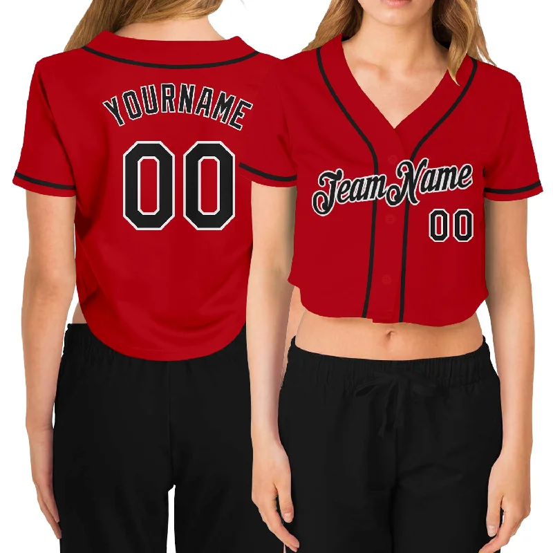 Baseball Jerseys with Button Placket for Traditional Style-Custom Women's Red Black-White V-Neck Cropped Baseball Jersey