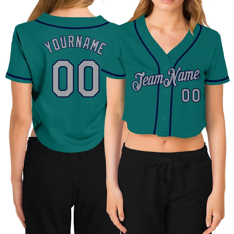 Baseball Jerseys with Zip-Up Design for Easy Wear-Custom Women's Aqua Gray-Navy V-Neck Cropped Baseball Jersey