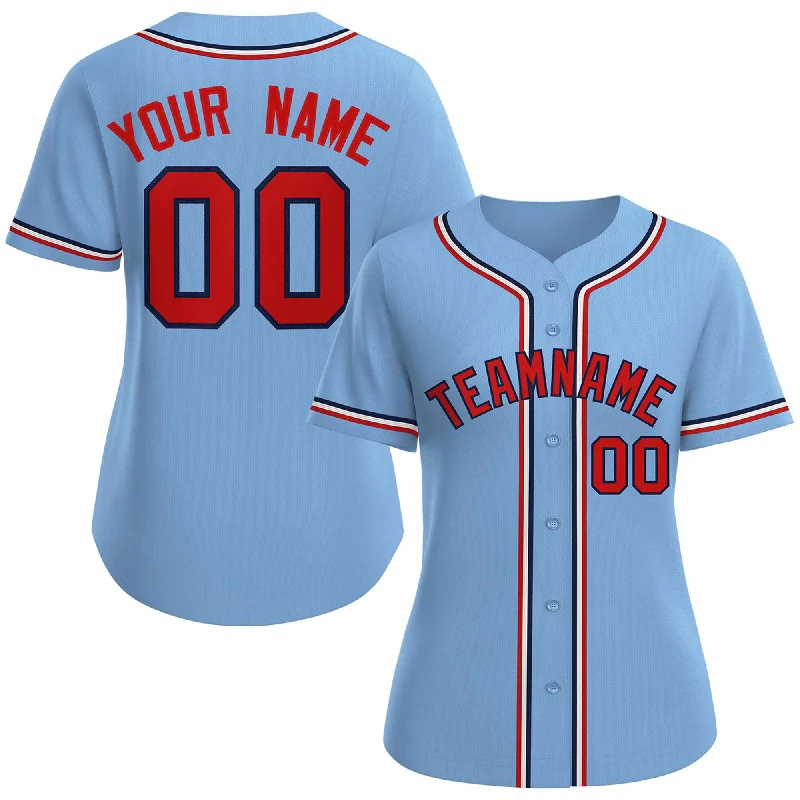 Baseball Jerseys with Zip-Up Design for Easy Wear-Custom Light Blue Red Navy Classic Style Baseball Jersey for Women