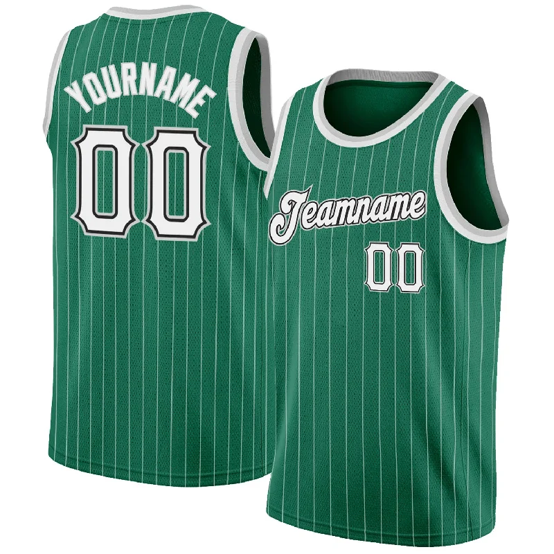 Basketball Jerseys with Multiple Pockets for Storage-Custom Kelly Green White Pinstripe White-Gray Authentic Basketball Jersey