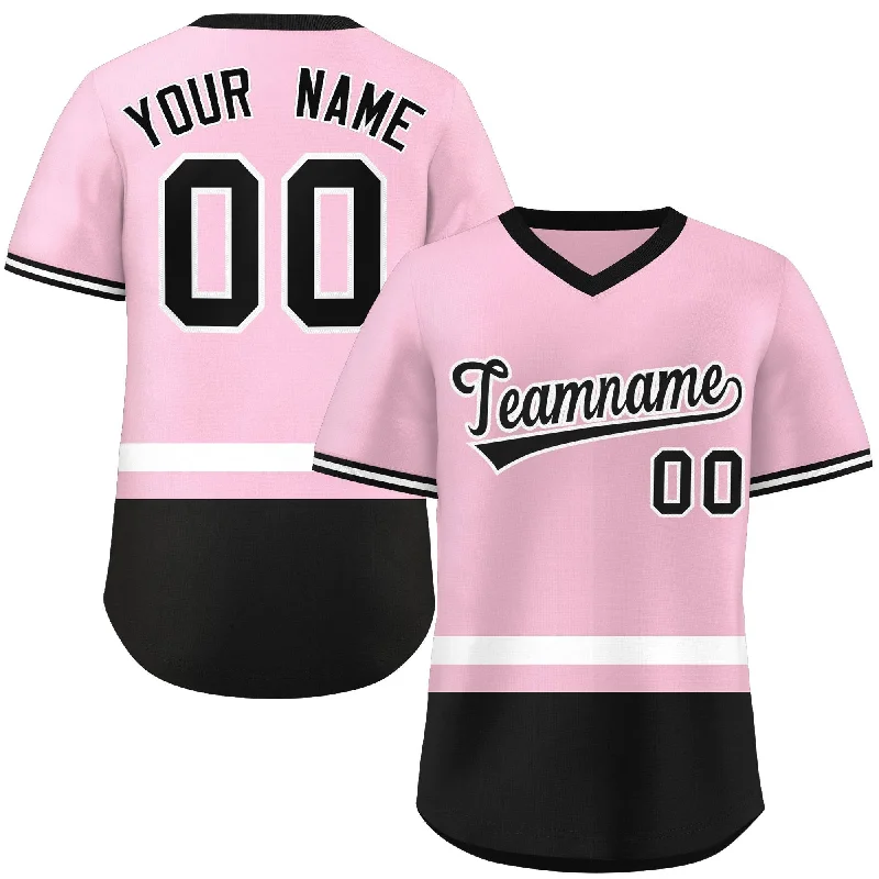 Baseball Jerseys with Elastic Waistband for Secure Fit-Custom Light Pink White-Black Color Block Personalized V-Neck Authentic Pullover Baseball Jersey