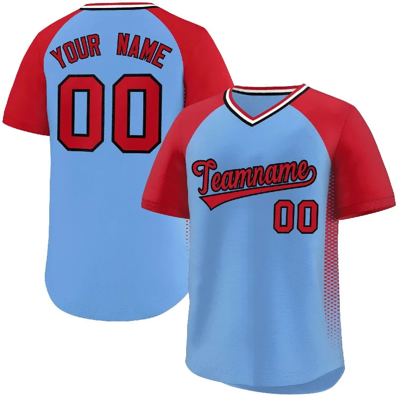 Custom Baseball Jerseys with Team Colors and Branding-Custom Light Blue Red Raglan Sleeves Side Spot Authentic Pullover Baseball Jersey