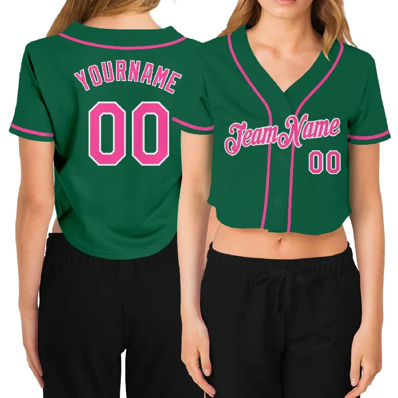 Classic Baseball Jerseys with Traditional Design-Custom Women's Kelly Green Pink-White V-Neck Cropped Baseball Jersey