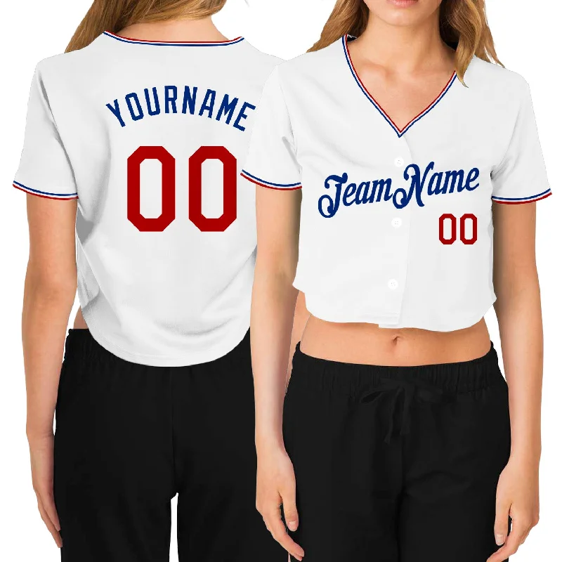 Classic Baseball Jerseys with Traditional Design-Custom Women's White Red-Royal V-Neck Cropped Baseball Jersey