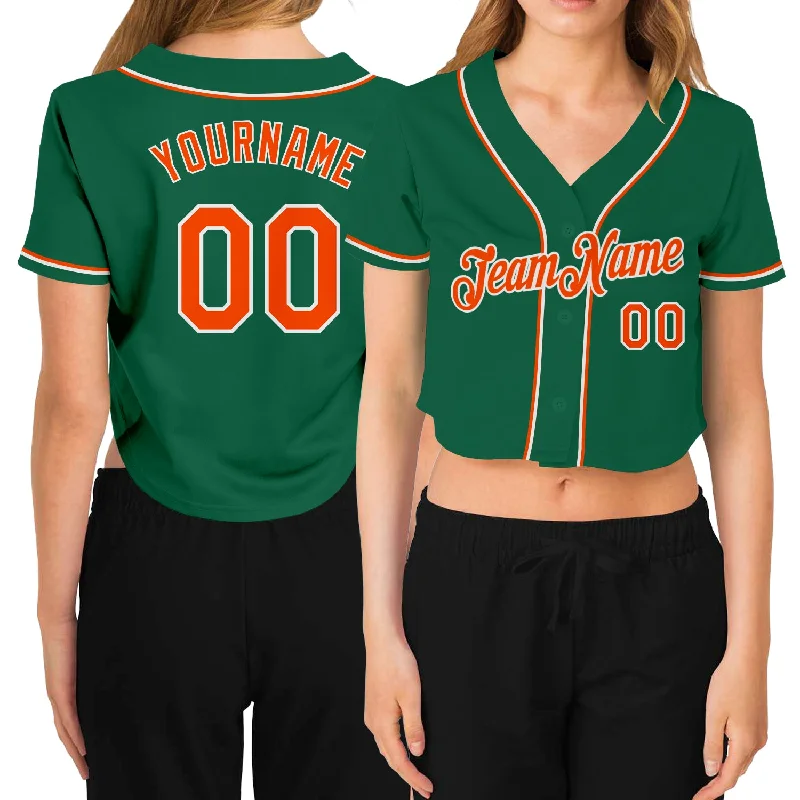 Baseball Jerseys with Mesh Back for Extra Cooling-Custom Women's Kelly Green Orange-White V-Neck Cropped Baseball Jersey