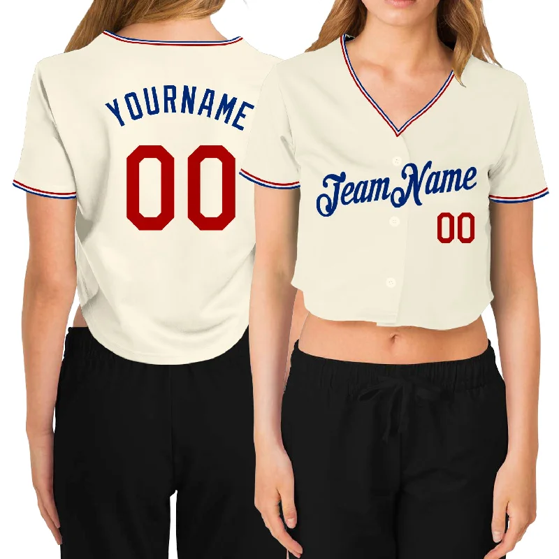 Baseball Jerseys with Custom Fit for Youth and Adults-Custom Women's Cream Red-Royal V-Neck Cropped Baseball Jersey