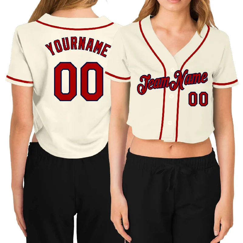 Lightweight Baseball Jerseys for Comfort and Speed-Custom Women's Cream Red-Navy V-Neck Cropped Baseball Jersey