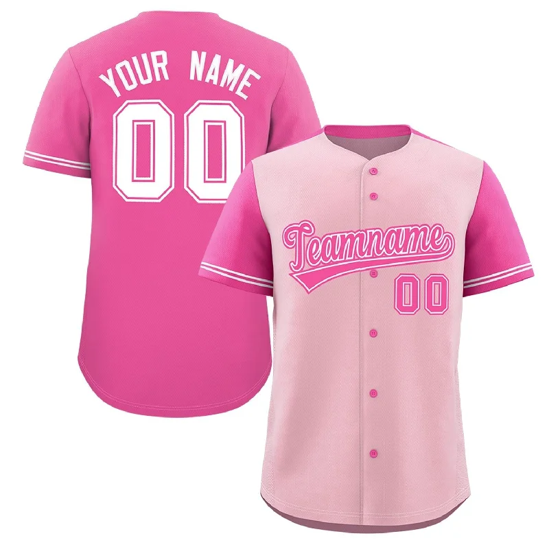 Baseball Jerseys with Soft Polyester Blend for Lightweight Feel-Custom Light Pink Pink Color Block Personalized Raglan Sleeves Authentic Baseball Jersey