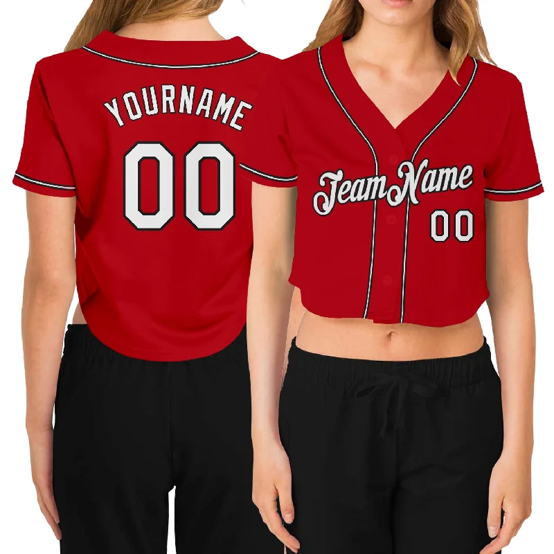 Baseball Jerseys with Customizable Sleeve Length for Different Looks-Custom Women's Red White-Black V-Neck Cropped Baseball Jersey