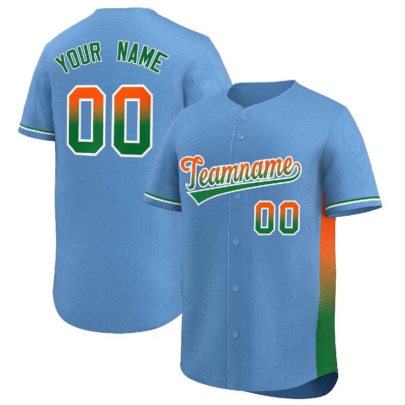 Baseball Jerseys with Full Button Front for Classic Look-Custom Light Blue Orange-Kelly Green Personalized Gradient Font And Side Design Authentic Baseball Jersey