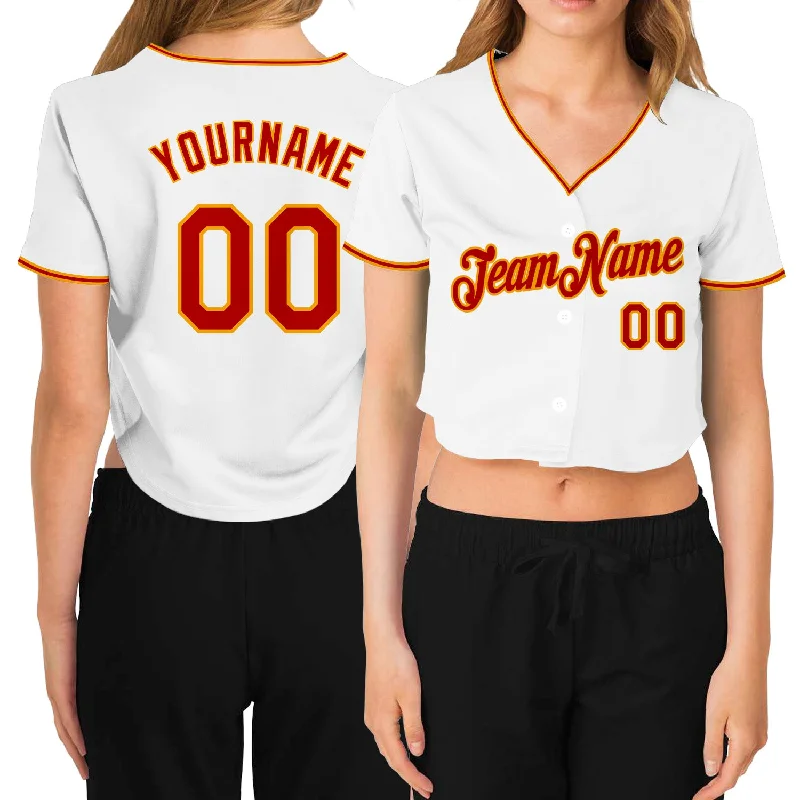 Baseball Jerseys with Stretch Fabric for Flexibility-Custom Women's White Red-Gold V-Neck Cropped Baseball Jersey