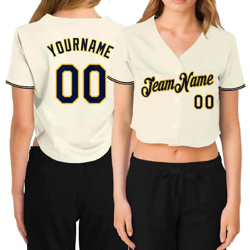 Baseball Jerseys with Slim Cut for Athletic Look-Custom Women's Cream Navy-Gold V-Neck Cropped Baseball Jersey