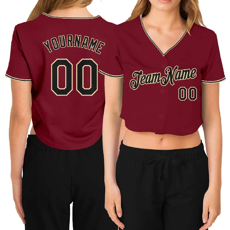 Baseball Jerseys with Lightweight Polyester Fabric for Breathability-Custom Women's Crimson Black-Cream V-Neck Cropped Baseball Jersey