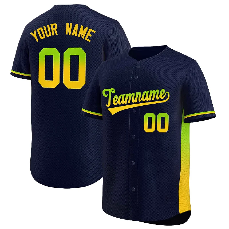 Baseball Jerseys with Lightweight Design for Freedom of Movement-Custom Navy Neon Green-Gold Personalized Gradient Font And Side Design Authentic Baseball Jersey